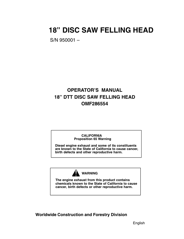 John Deere 18 INCH Dtt Disc Saw Felling Heads Operator's Manuals (OMF286554)