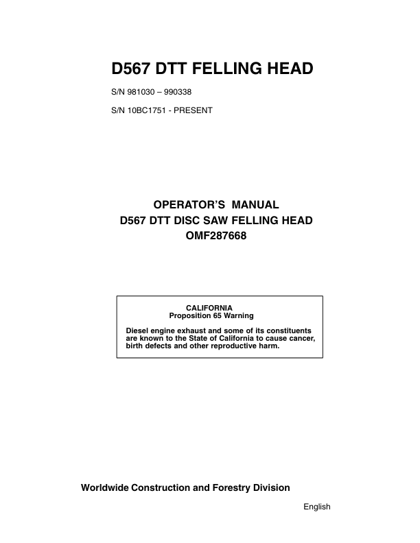 John Deere D567 Felling Heads Operator's Manuals (OMF287668)