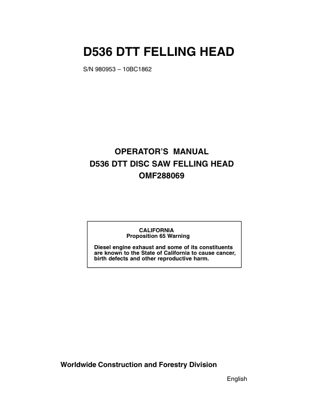 John Deere D536 Felling Heads Operator's Manuals (OMF288069)
