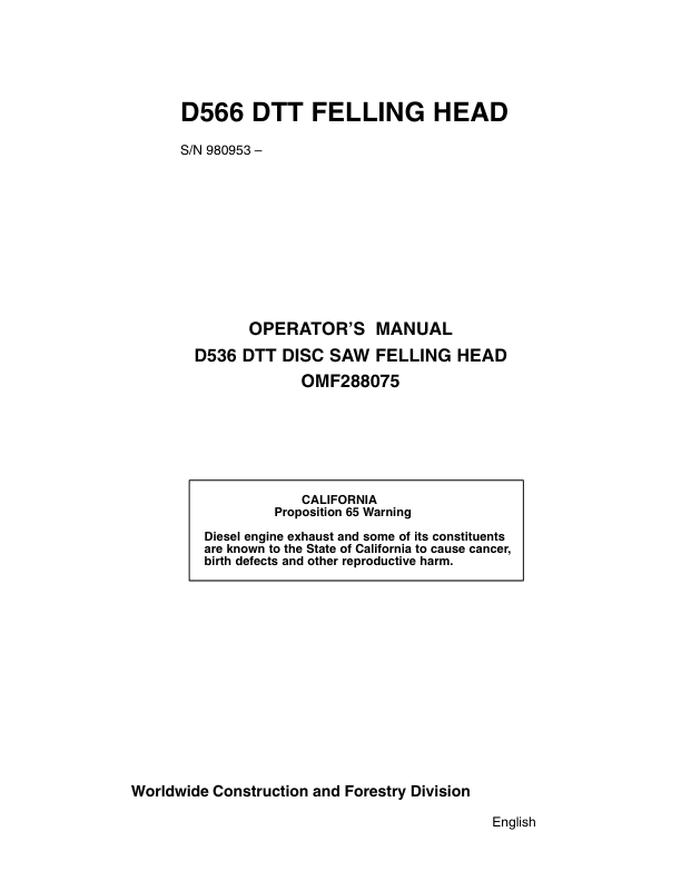 John Deere D566 Felling Heads Operator's Manuals (OMF288075)