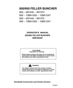 John Deere 950, 850 Tracked Feller Bunchers Operator's Manuals (OMF292297)