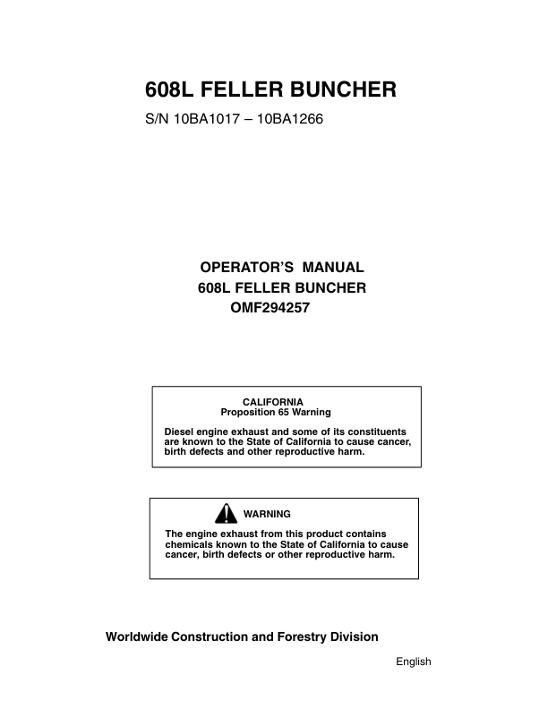 John Deere 608L Tracked Harvesters Operator's Manuals (OMF294257)