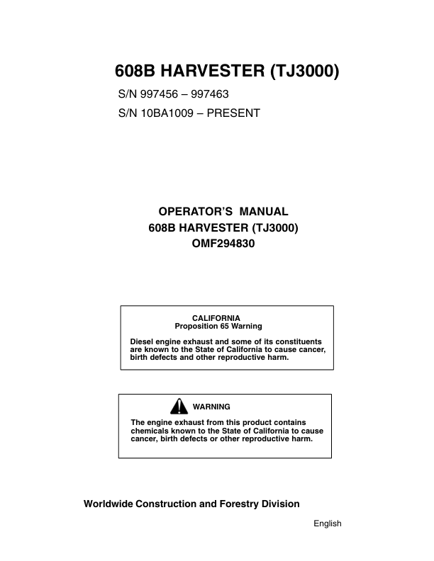John Deere 608B Tracked Harvesters Operator's Manuals (OMF294830)
