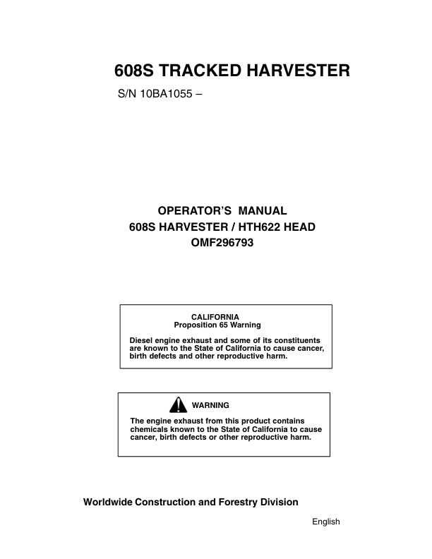 John Deere 608S, HTH622 Tracked Harvesters Operator's Manuals (OMF296793)
