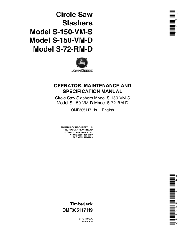 John Deere S-150-VM-D, S-72-RM-D, S-150-VM-S Loader Attachments Operator's Manuals (OMF305117)