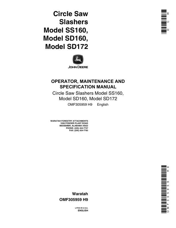 John Deere SS160, SD160, SD172 Circle Saw Slashers Operator's Manual (OMF305959)