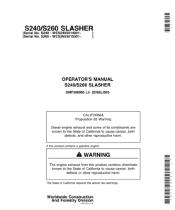 John Deere S240, S260 Loader Attachments Operator's Manuals (OMF306985)