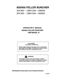 John Deere 950, 850 Tracked Feller Bunchers Operator's Manuals (OMF380406)