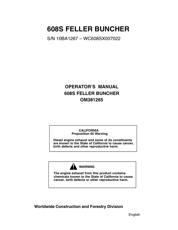 John Deere 608S Tracked Feller Bunchers Operator's Manuals (OMF381265)