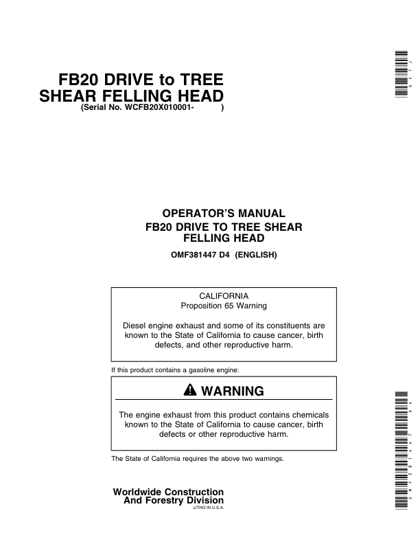 John Deere FB20 Felling Heads Operator's Manuals (OMF381447)