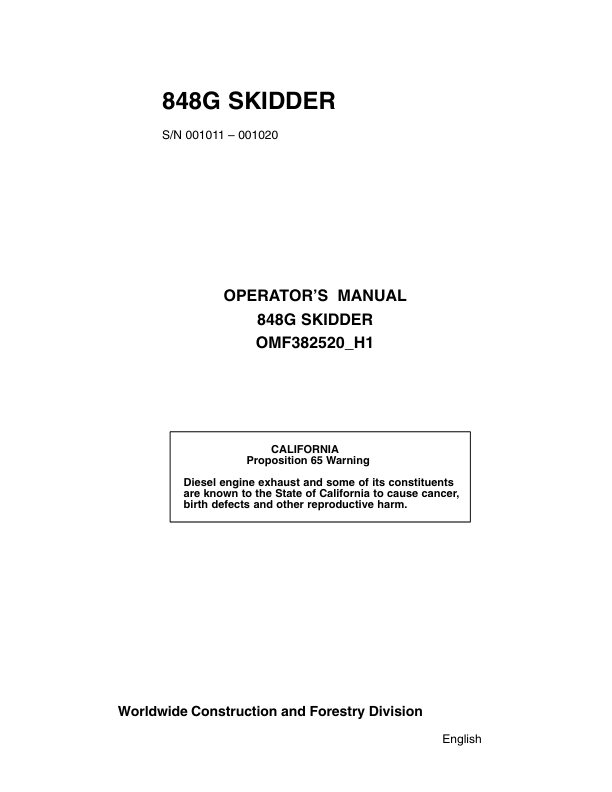 John Deere 848G Skidders Operator's Manuals (OMF382520)