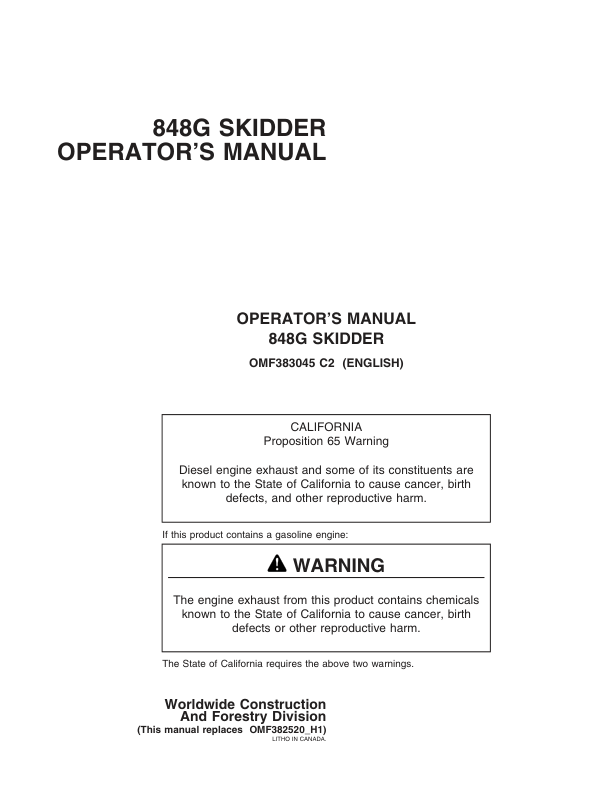 John Deere 848G Skidders Operator's Manuals (OMF383045)