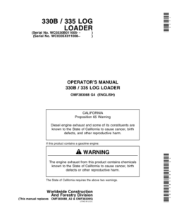 John Deere 330B, 335 Knuckleboom Loader Operator's Manuals (OMF383088)