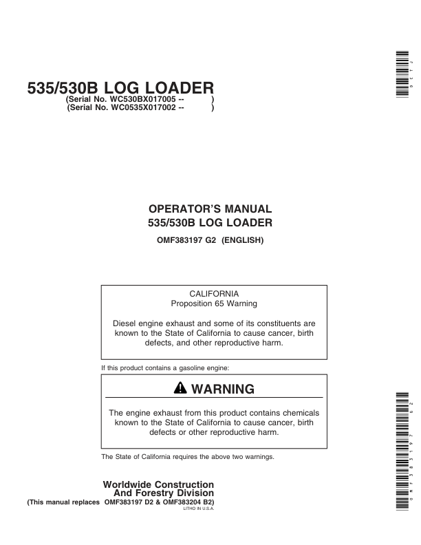 John Deere 530B, 535 Knuckleboom Loader Operator's Manuals (OMF383197)