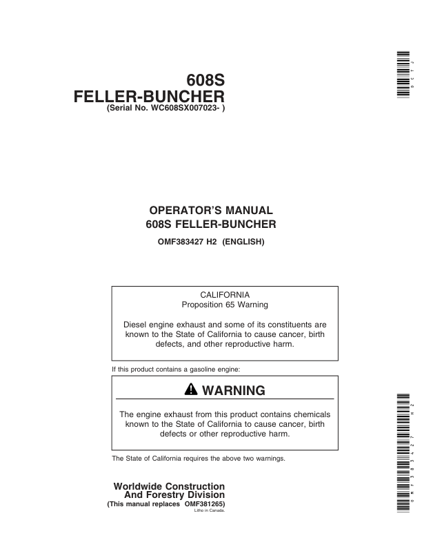 John Deere 608S Tracked Feller Bunchers Operator's Manuals (OMF383427)