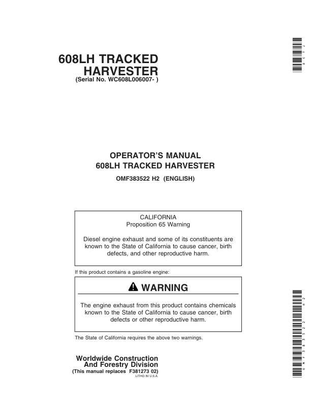 John Deere 608L Tracked Harvesters Operator's Manuals (OMF383522)