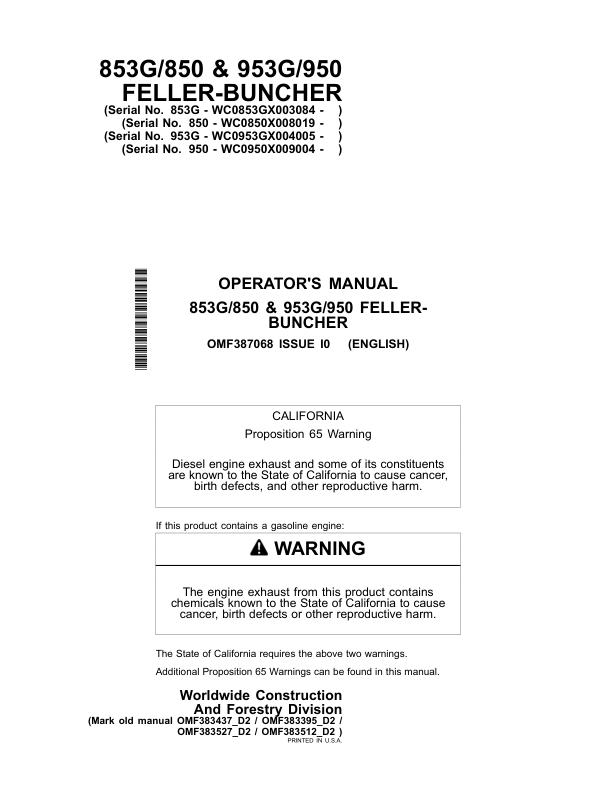 John Deere 853G, 850, 953G, 950 Felling Heads Operator's Manuals (OMF387068)
