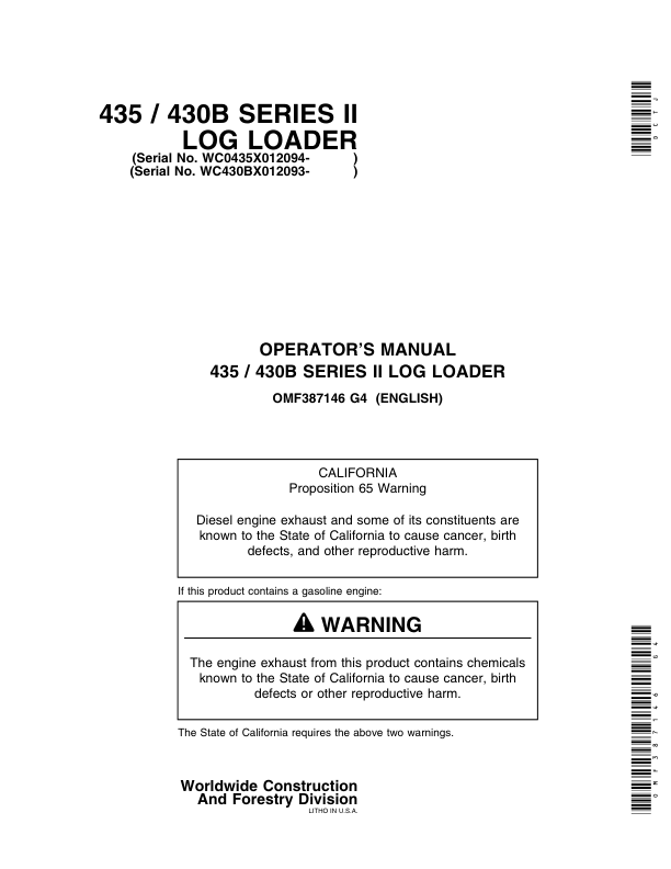 John Deere 435, 430B Knuckleboom Loader Operator's Manuals (OMF387146)