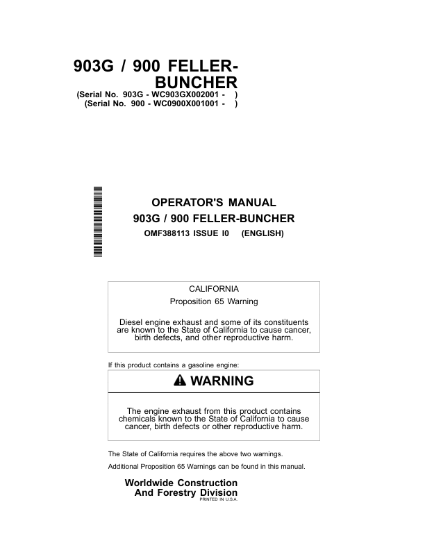 John Deere 903G, 900 Construction And Forestry Operator's Manuals (OMF388113)