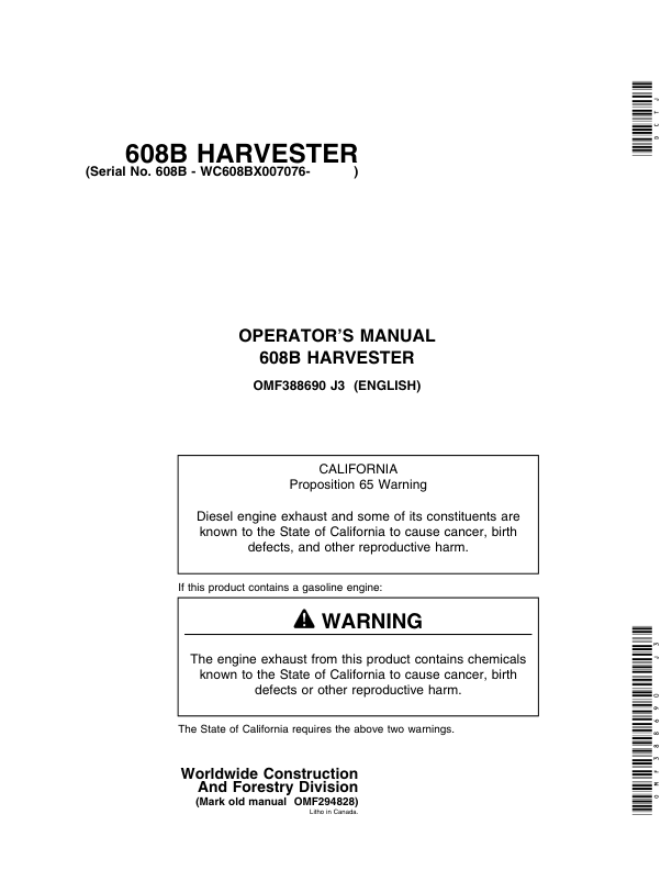 John Deere 608B Tracked Harvesters Operator's Manuals (OMF388690)