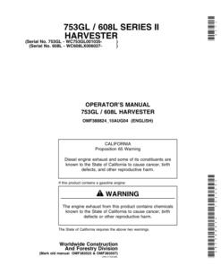 John Deere 753GL, 608L Tracked Harvesters Operator's Manuals (OMF388824)