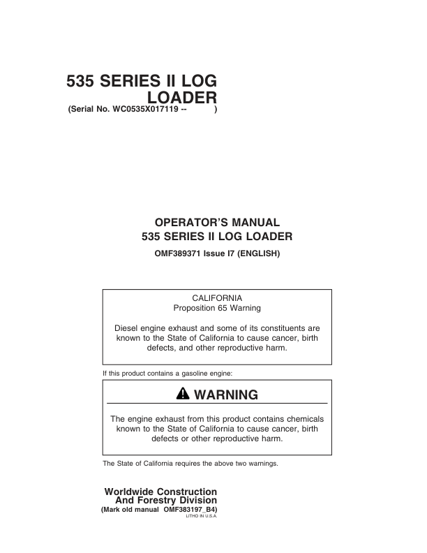 John Deere 530B, 535 Knuckleboom Loader Operator's Manuals (OMF389371)