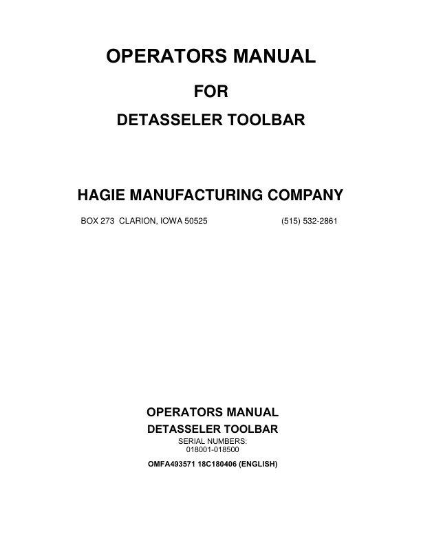John Deere Hagie Detasseler Toolbar (018001-018500) (Worldwide Edition) Operator's Manual (OMFA493571)