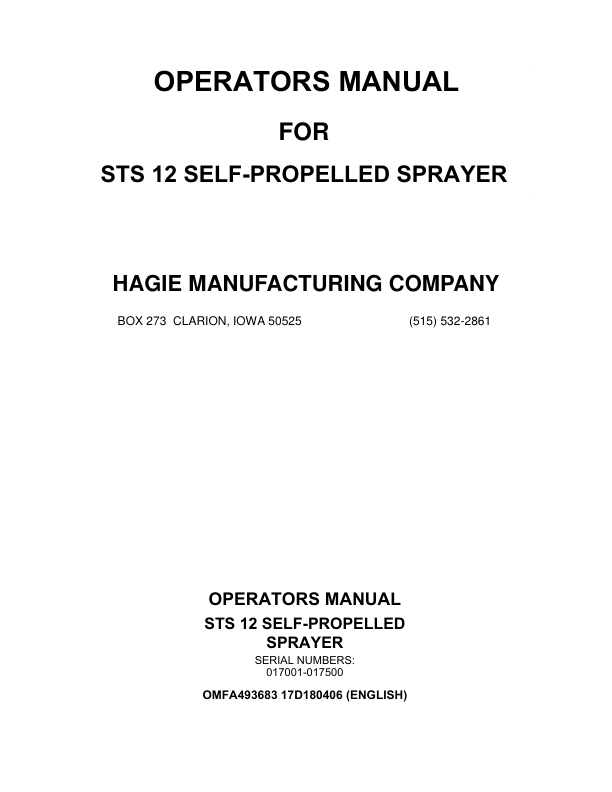 John Deere Hagie STS12 Self-Propelled Sprayer (017001-017500) (Worldwide Edition) Operator's Manual (OMFA493683)