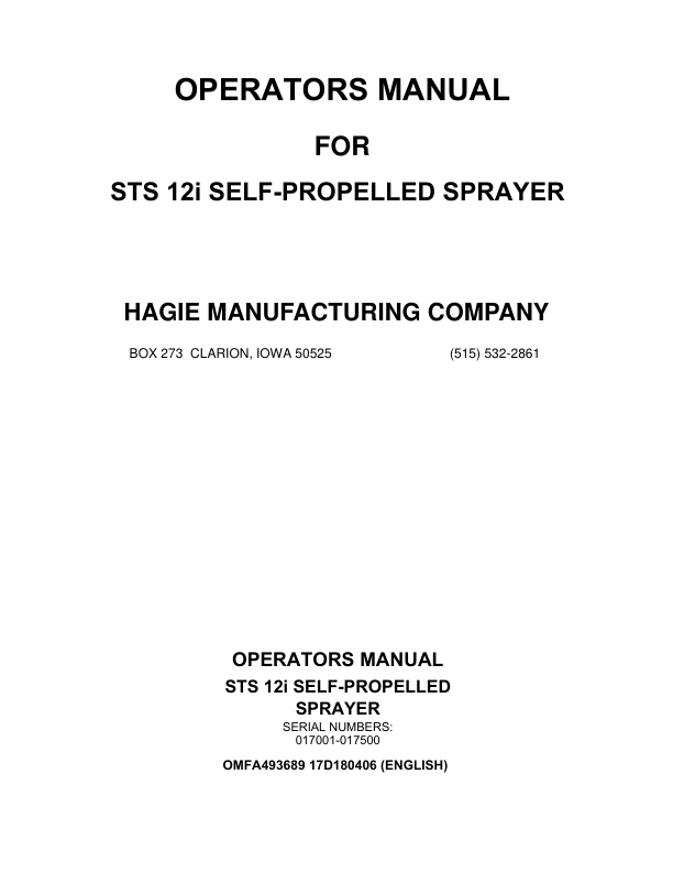 John Deere Hagie STS12i Self-Propelled Sprayer (017001-017500) (Worldwide Edition) Operator's Manual (OMFA493689)