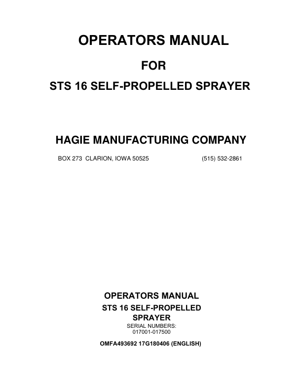 John Deere Hagie STS16 Self-Propelled Sprayer (017001-017500) (Worldwide Edition) Operator's Manual (OMFA493692)