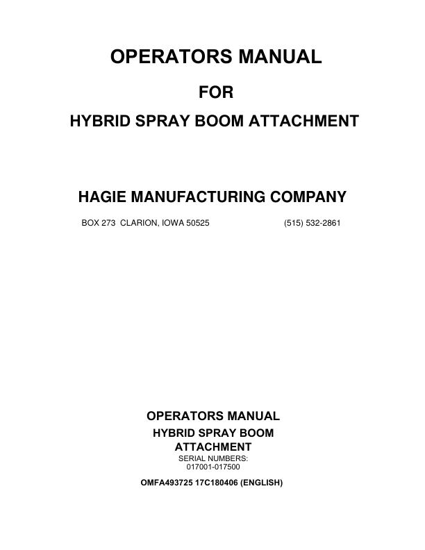 John Deere Hagie Hybrid Spray Boom Attachment (017001-017500) (Worldwide Edition) Operator's Manual (OMFA493725)