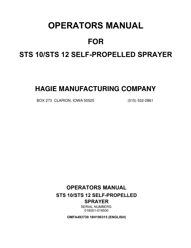 John Deere Hagie STS10 / STS12 Self-Propelled Sprayer (018001-018500) (Worldwide Edition) Operator's Manual (OMFA493739)