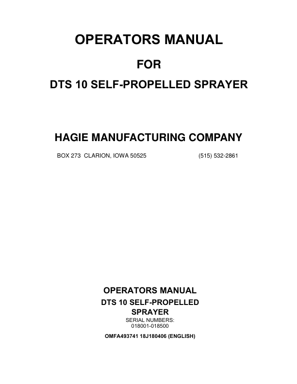John Deere Hagie DTS10 Self-Propelled Sprayer (018001-018500) (Worldwide Edition) Operator's Manual (OMFA493741)
