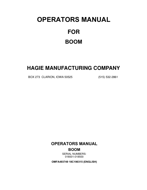 John Deere Hagie Boom (018001-018500) (Worldwide Edition) Operator's Manual (OMFA493749)