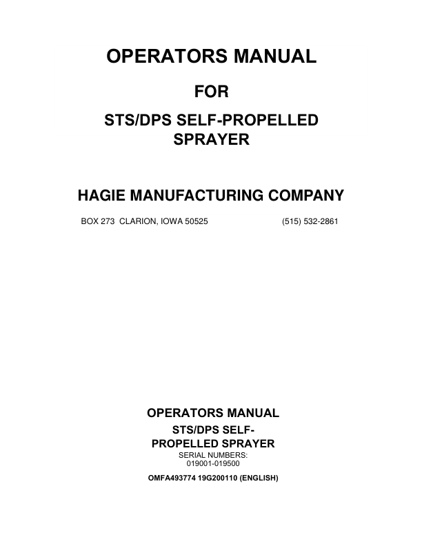 John Deere Hagie STS / DPS Self-Propelled Sprayer STS10, STS12, STS12 (DPS), STS14, STS16, STS16 (DPS) (019001-019500) (Worldwide Edition) Operator's Manual (OMFA493774)