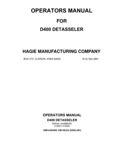 John Deere Hagie D400 Detasseler (019001-019500) (Worldwide Edition) Operator's Manual (OMFA493800)