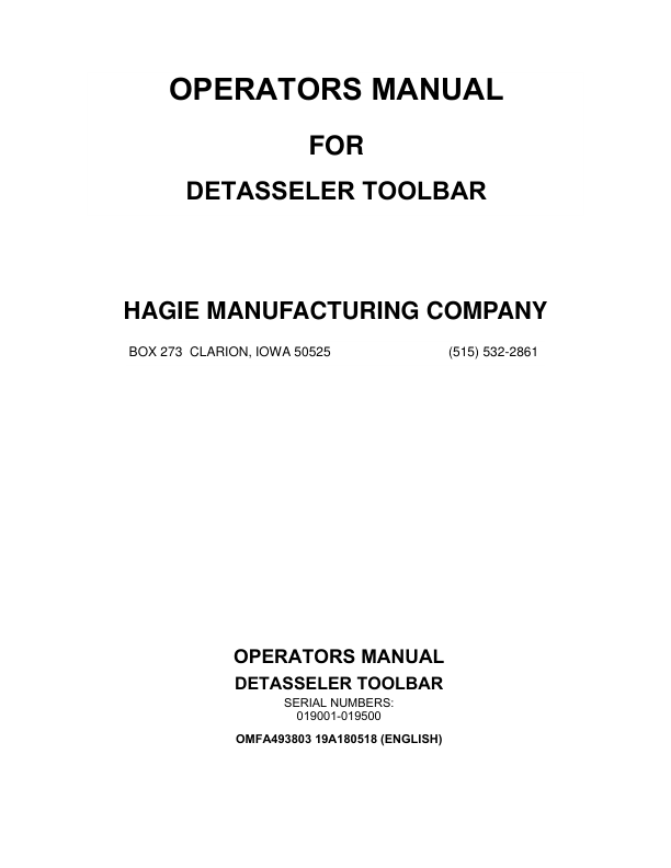 John Deere Hagie Detasseler Toolbar (019001-019500) (Worldwide Edition) Operator's Manual (OMFA493803)