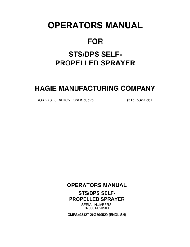 John Deere Hagie STS / DPS Self-Propelled Sprayer (020001-020500) (Worldwide Edition) Operator's Manual (OMFA493827)