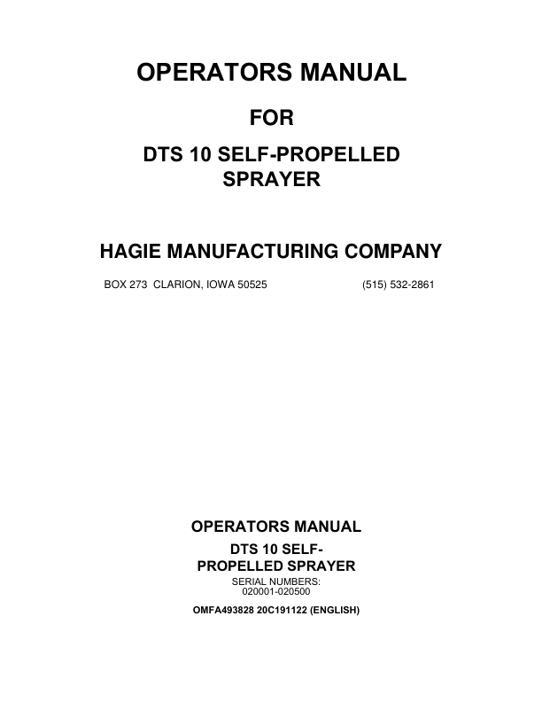 John Deere Hagie DTS10 Self-Propelled Sprayer (020001-020500) (Worldwide Edition) Operator's Manual (OMFA493828)