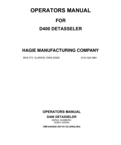 John Deere Hagie D400 Detasseler (020001-020500) (Worldwide Edition) Operator's Manual (OMFA493829)
