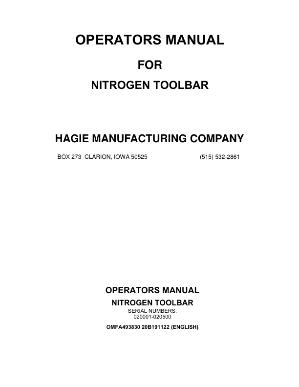John Deere Hagie Nitrogen Toolbar (020001-020500) (Worldwide Edition) Operator's Manual (OMFA493830)