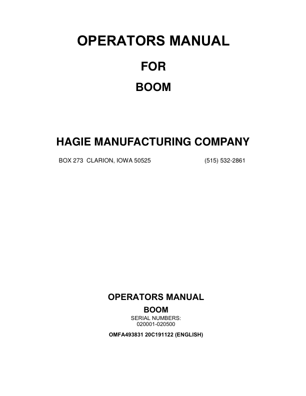 John Deere Hagie Boom (020001-020500) (Worldwide Edition) Operator's Manual (OMFA493831)