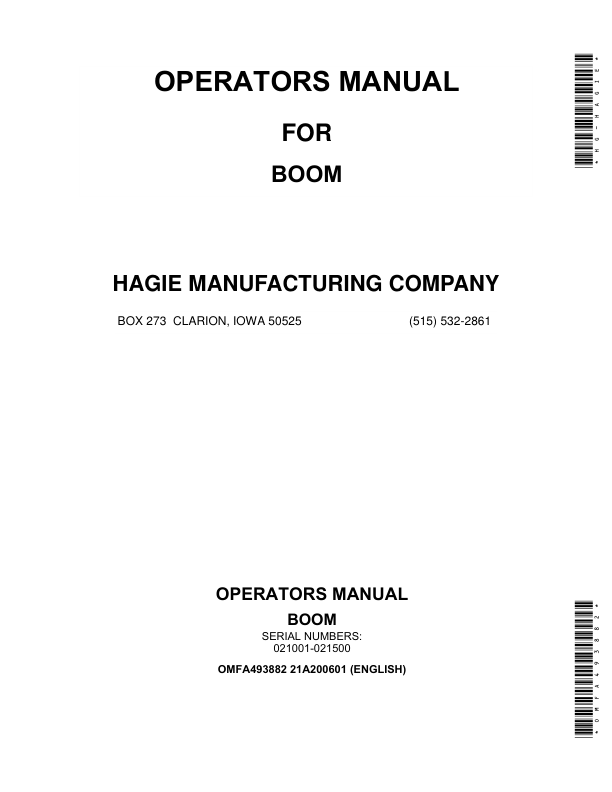 John Deere Hagie Boom (021001-021500) (Worldwide Edition) Operator's Manual (OMFA493882)