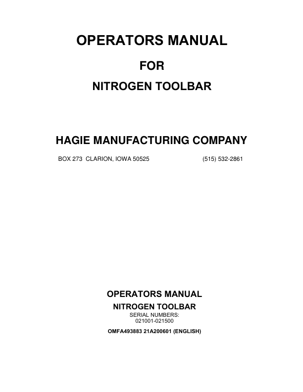 John Deere Hagie Nitrogen Toolbar (021001-021500) (Worldwide Edition) Operator's Manual (OMFA493883)