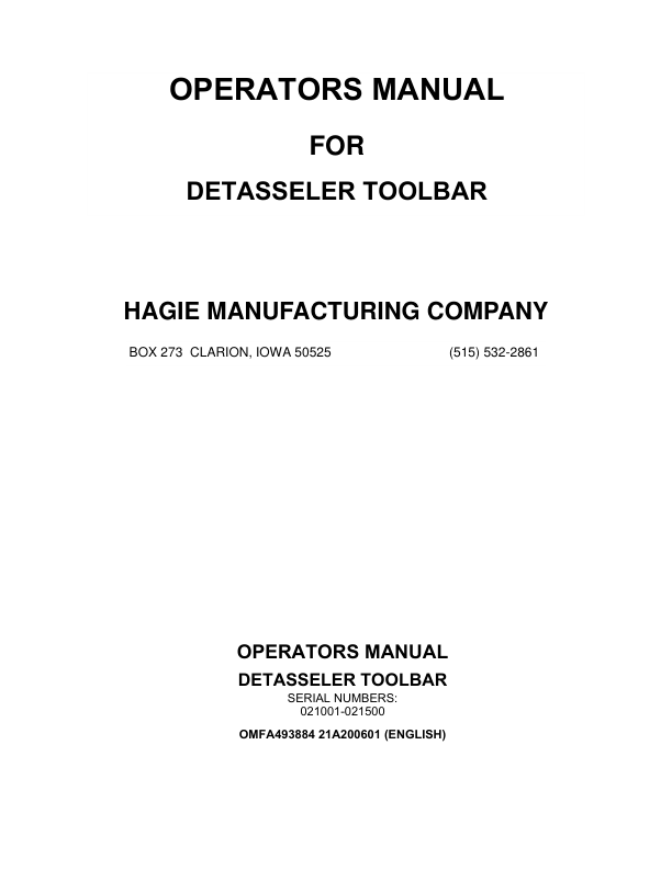 John Deere Hagie Detasseler Toolbar (021001-021500) (Worldwide Edition) Operator's Manual (OMFA493884)