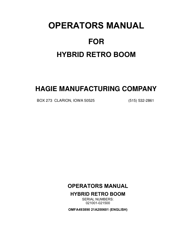 John Deere Hagie Hybrid Retro Boom (021001-021500) (Worldwide Edition) Operator's Manual (OMFA493890)