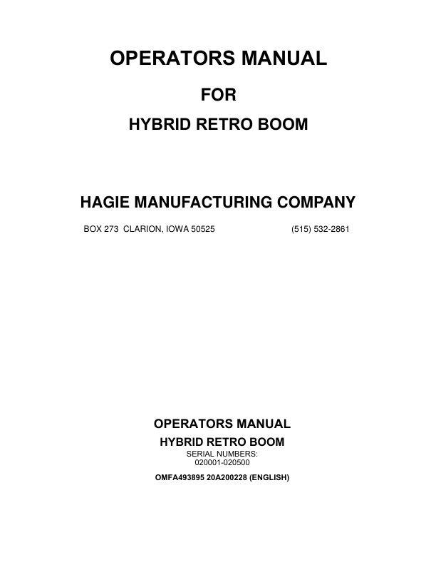 John Deere Hagie Hybrid Retro Boom (020001-020500) (Worldwide Edition) Operator's Manual (OMFA493895)