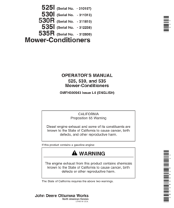 John Deere 525, 530, 535 Rotary Mower Conditioners Operator's Manual (OMFH300943)