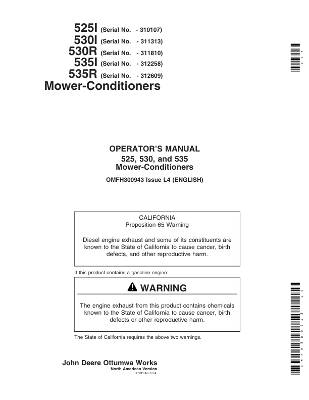John Deere 525, 530, 535 Rotary Mower Conditioners Operator's Manual (OMFH300943)