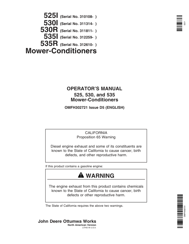 John Deere 525, 530, 535 Rotary Mower Conditioners Operator's Manual (OMFH302721)